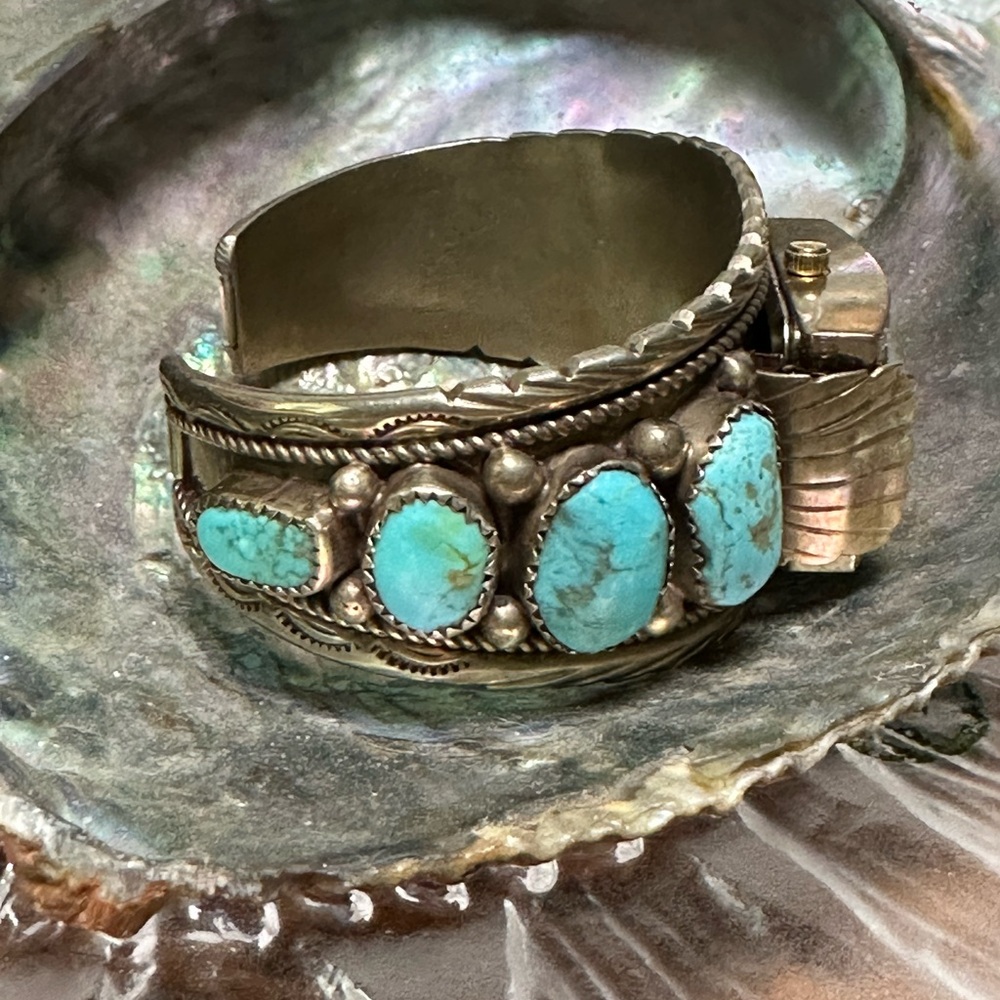 Navajo Silver and Turquoise Watch Bracelet - Picture 2 of 5